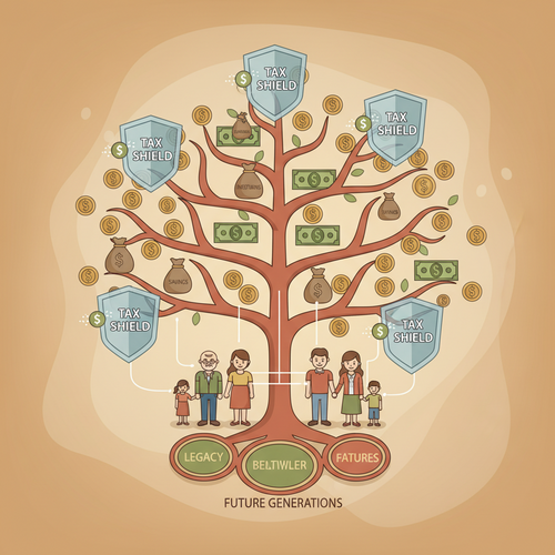Flat design illustration representing intergenerational tax-advantaged diversification and microeconomic wealth accumulation, showing a family tree with financial assets and protective shields.