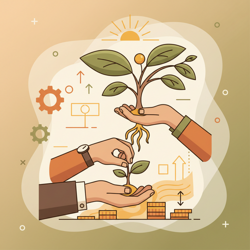 An illustration depicting intergenerational wealth transfer strategies through a growing plant being passed between hands, representing tax-advantaged portfolio diversification and legacy building.