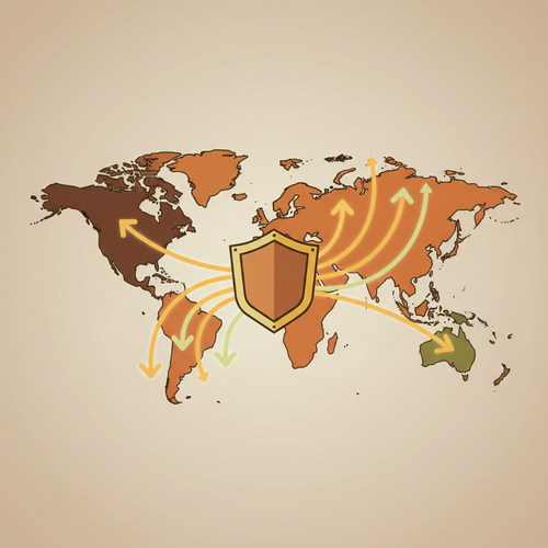 Flat design illustration representing international capital allocation strategies and geopolitical risk assessment.
