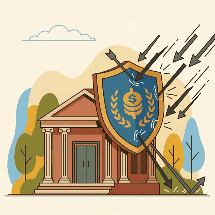 Flat design illustration showing sovereign liability shielding and macroeconomic deflationary hedging protecting institutional finance.