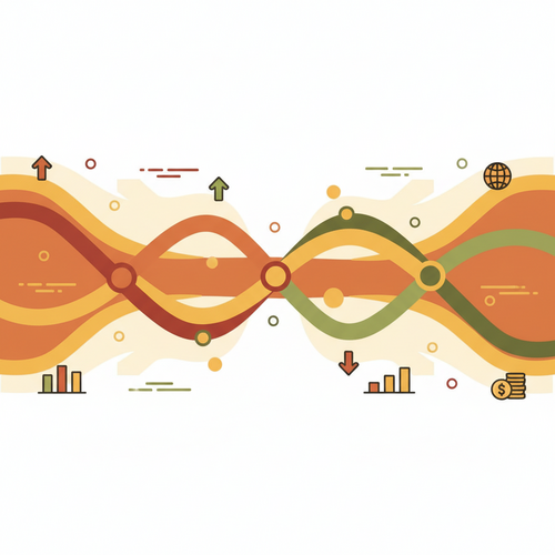 Flat design illustration depicting yield curve forecasting, showing various colored lines representing bond yields and economic indicators. Focuses on macroeconomic influences and fixed income volatility.