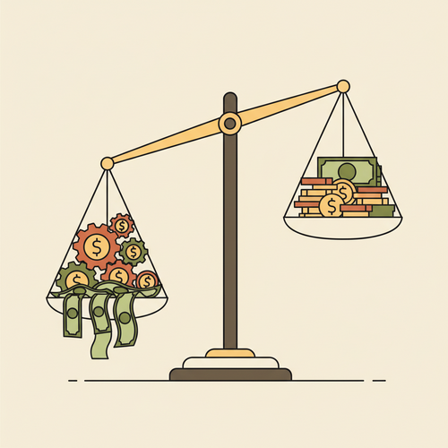 Flat design illustration showing a balanced scale, representing Microeconomic Asset Rebalancing and Algorithmic Capital Retention Strategies. Money flows through gears, symbolizing efficient, automated financial processes.