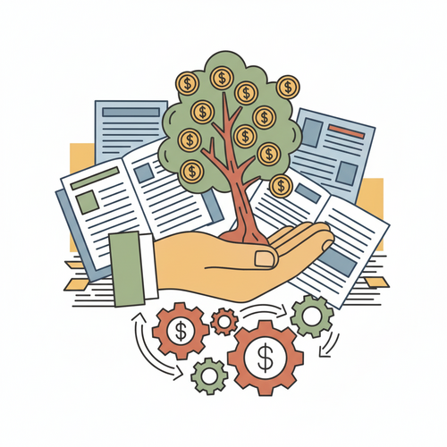 Flat design illustration of a money tree being rebalanced in a hand, with tax documents, representing tax-optimized portfolio rebalancing and capital retention.