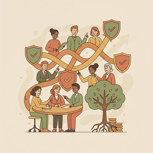 Illustration of diverse professionals, financial graphs, and shields, representing Occupational Longevity Analytics reducing Enterprise Risk Premiums.