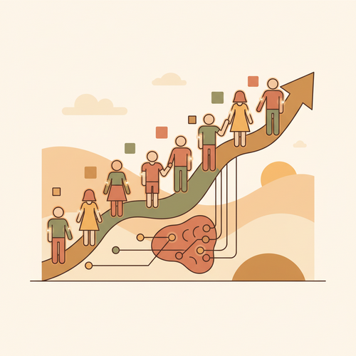 Flat design illustration depicting human capital valuation through biometric analytics, showing abstract human figures connected to data graphs and financial symbols, representing the quantifiable impact of employees on corporate value.