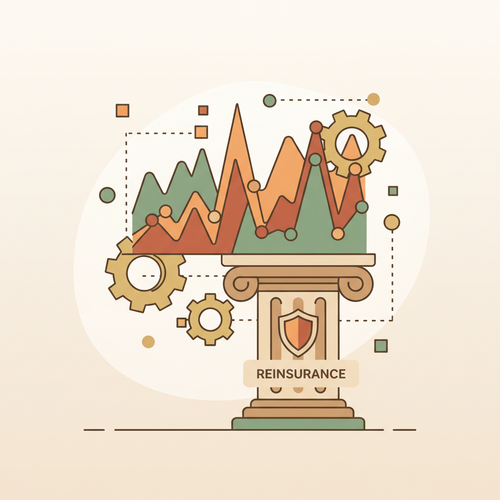 Illustration depicting quantitative catastrophe underwriting processes and algorithmic reinsurance models with data visualization.