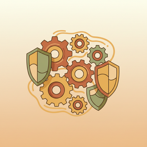 Conceptual illustration of systemic risk securitization strategies protecting a financial system, with interconnected gears and protective barriers.