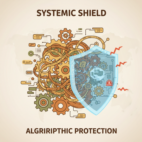 Algorithmic Catastrophe Structuring illustration showing interconnected financial gears protected by an AI-driven shield against systemic risk.