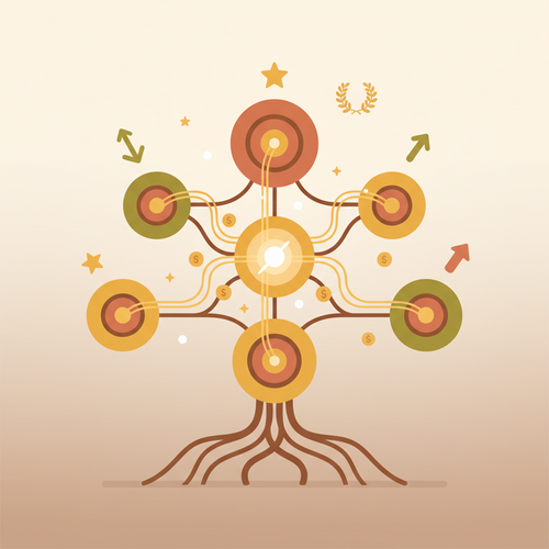 Flat design illustration depicting algorithmic liquidity optimization, showing interconnected nodes and flowing digital currency, representing a stable financial market fostered by a reward matrix system.