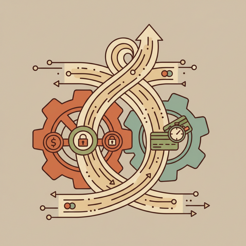 Conceptual illustration of financial synergy, depicting gears and data flow representing Unsecured Revolving Liability Arbitrage and Interchange Yield Optimization.