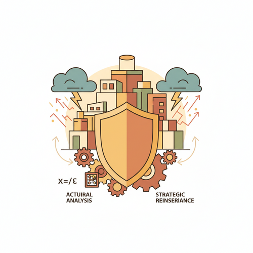 Flat design illustration depicting actuarial risk mitigation through enterprise reinsurance deployment strategies, showing a conceptual shield protecting corporate assets.