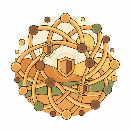 Flat design illustration of a complex financial network with interconnected nodes and data flowing between them, representing algorithmic systemic risk, with shields protecting certain areas.