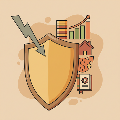 An illustration of capital indemnification protocols, showing a shield protecting financial assets from systematic depreciation.