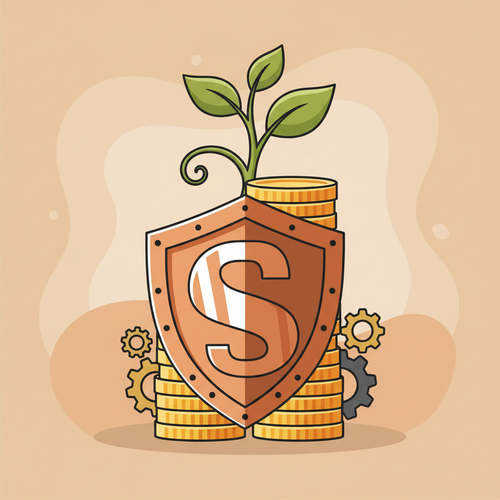 Flat design illustration of capital indemnification structures, showing a financial shield protecting assets and wealth with interconnected gears, symbolizing advanced risk mitigation.