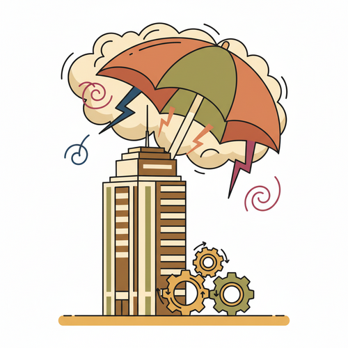 Illustration depicting a captive insurance system shielding an enterprise from various risks, symbolizing alternative risk financing and strategic risk management.