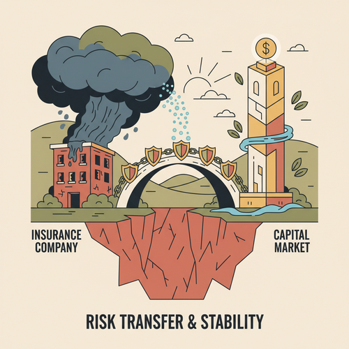 Illustration depicting Catastrophe Bond Structuring as a bridge of financial stability, connecting an insurance company to capital markets for risk transfer.