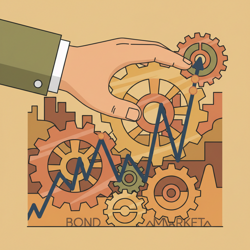Illustration of central bank monetary policy impacting fixed-income volatility modeling through gears and market graphs.