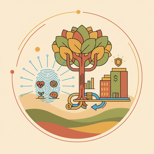 Flat design illustration showing biometric data flowing into a corporate financial chart, symbolizing corporate biometric valuation and occupational longevity optimization.