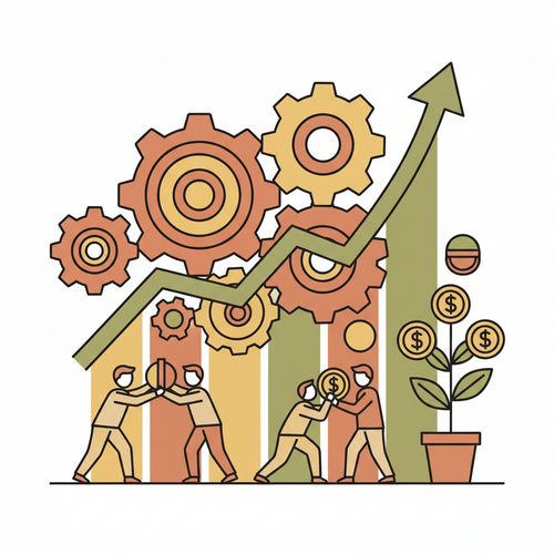 Illustration depicting the actuarial engineering of workplace wellness, showing financial growth and healthy employees, symbolizing a positive ROI in corporate health infrastructure.
