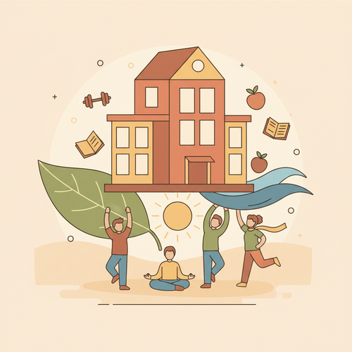 Flat design illustration of a corporate building resting on a foundation of wellness elements, representing Corporate Wellness ROI and employee health infrastructure.
