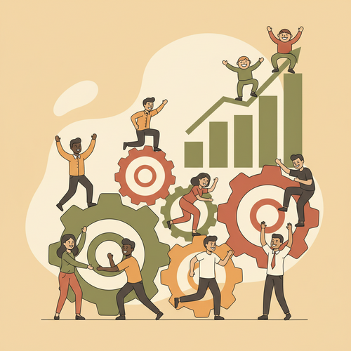 Corporate Wellness Infrastructure represented by interconnected gears and healthy, diverse employees, symbolizing human capital yield optimization and positive financial outcomes.
