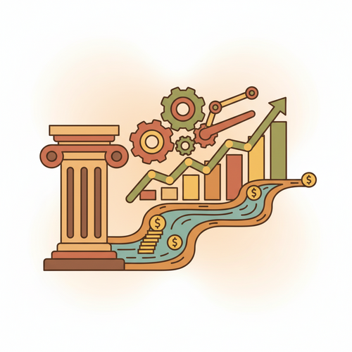 Illustration of credit facility optimization showing interconnected financial elements, gears, and flowing capital, representing strategic arbitrage and capital leverage.