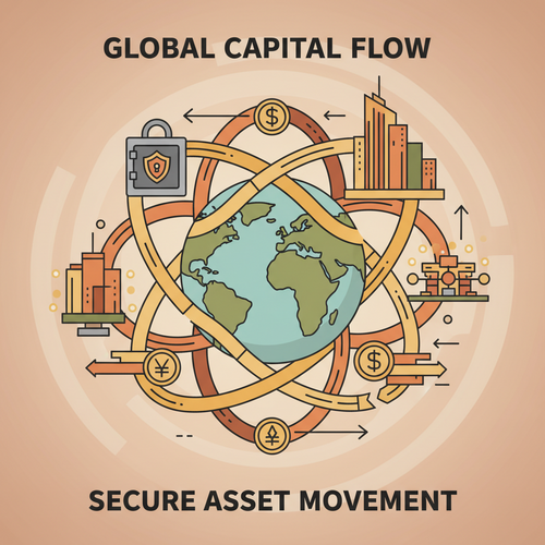 Conceptual illustration of multi-jurisdictional liquidity deployment for high-net-worth individuals, showing global capital movement and secure financial pathways.