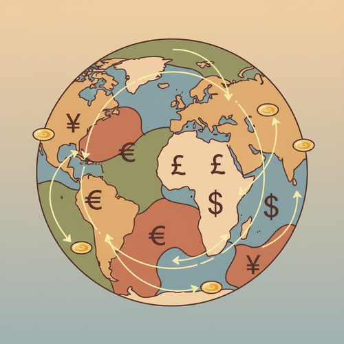 Illustration depicting multi-currency liquid deployment across borders, symbolizing optimized cross-border capital logistics and global financial mobility.
