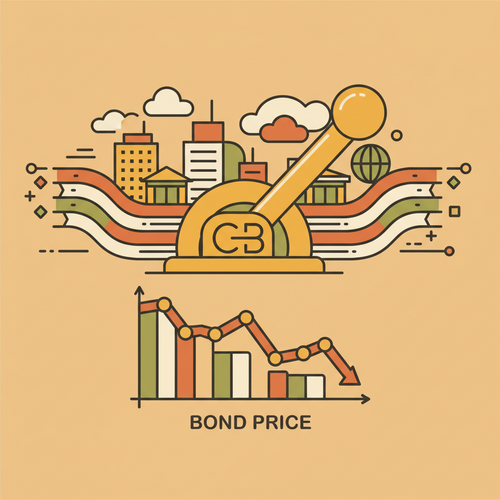 Flat design illustration showing debt structuring algorithms analyzing fixed-income valuation amidst hawkish federal mandates, with financial data and bond charts.