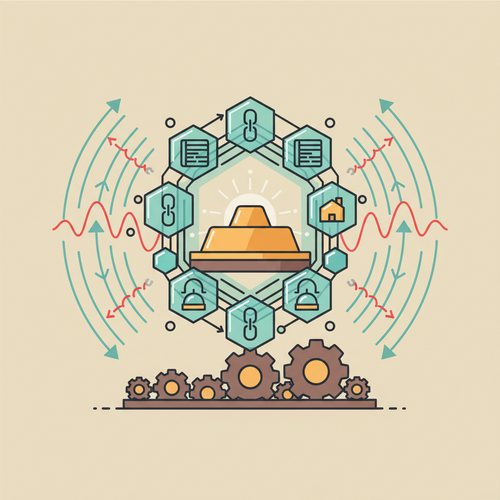 Illustration depicting decentralized quantitative hedging strategies protecting private asset allocations through secure, interconnected digital finance protocols.