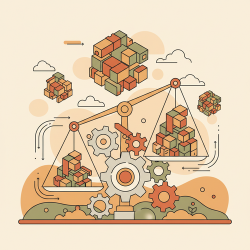 Flat design illustration of decentralized assets balanced by quantitative hedging mechanisms in private asset portfolio engineering.