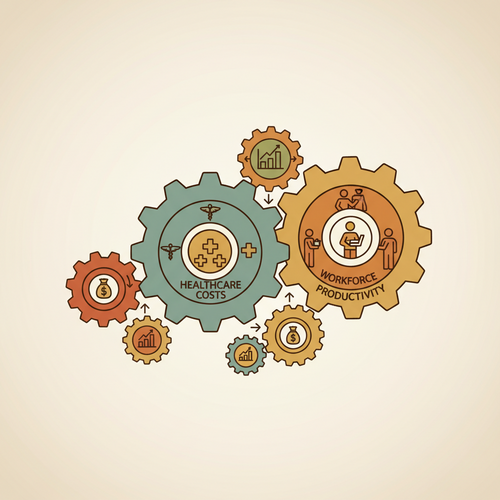 Flat design illustration showing interconnected gears, one labeled "Healthcare Costs" and another "Workforce Productivity," symbolizing dynamic workforce capitalization models and enterprise healthcare allocation.