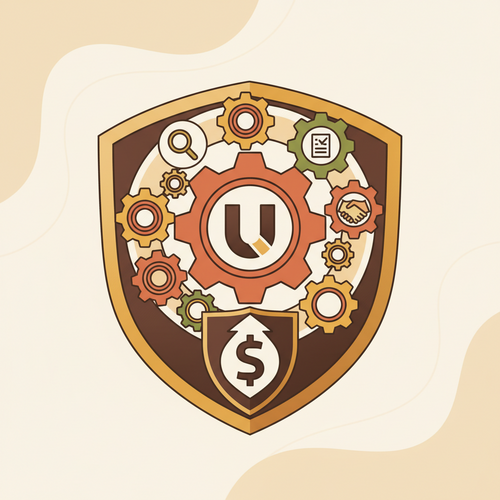 Flat design illustration depicting enterprise underwriting models, illustrating actuarial efficiency and asset protection protocols through symbolic gears and a protective shield.