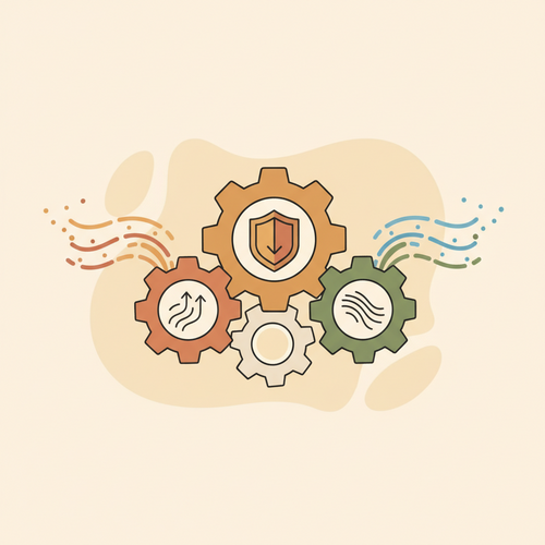 Illustration of interconnected gears and data flows symbolizing advanced reinsurance structuring and enterprise underwriting models for efficient risk transfer.