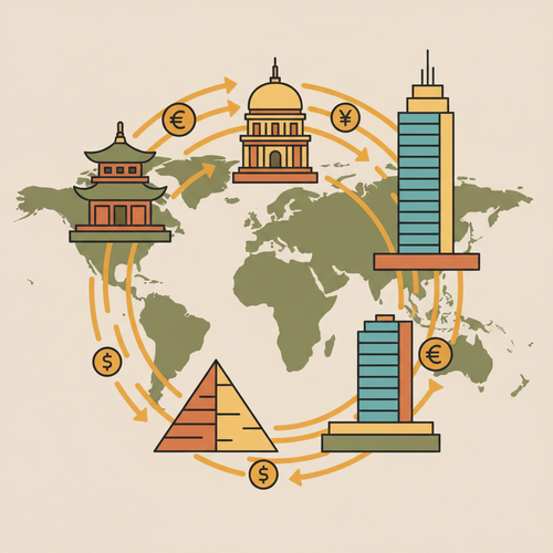 Flat design illustration of global capital flows and fiscal frameworks, representing geopolitical capital arbitrage and cross-border mobility.