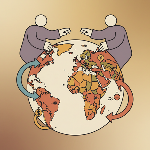 Illustration of global fiscal mobility with capital arrows moving between countries, representing geopolitical capital arbitrage frameworks and international investment opportunities.