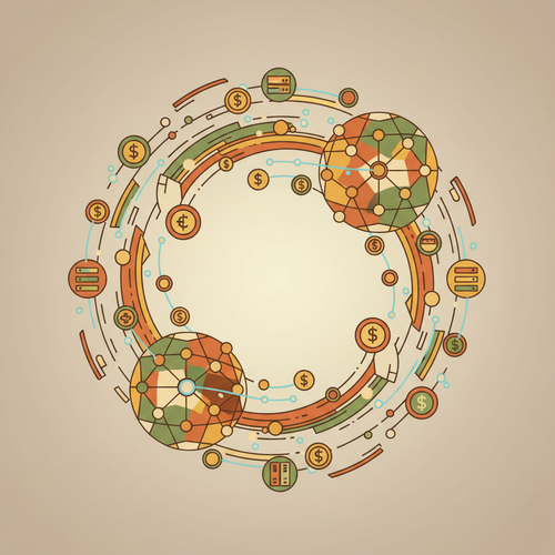 Flat design illustration of a global finance network, showing intertwined arrows representing money flows across different country symbols and interconnected digital lines, focusing on efficiency and compliance in a corporate financial context.