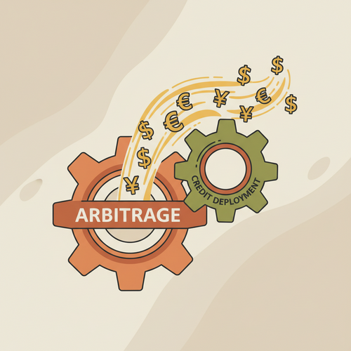 Flat design illustration of gears representing high-yield interchange arbitrage and strategic corporate credit deployment working together, symbolizing financial synergy and capital optimization.