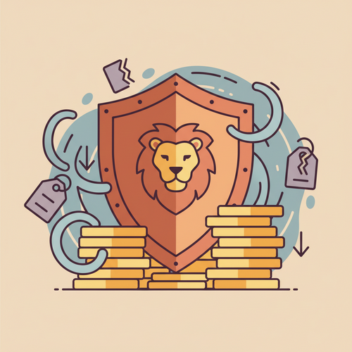 Flat design illustration of a metallic shield protecting a stack of gold coins from downward arrows and falling price tags, symbolizing institutional deflationary hedging and asset shielding.