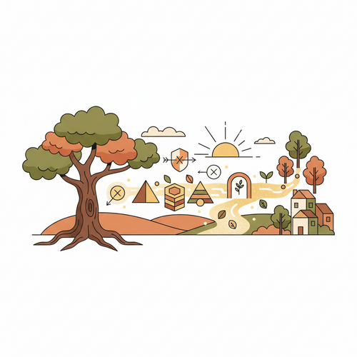 Flat design illustration depicting a conceptual financial structure with interlocking gears and arrows symbolizing intergenerational wealth transfer and tax optimization strategies.