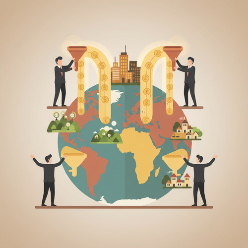 Illustration depicting international capital allocation strategy with global financial flows and expatriate mobility