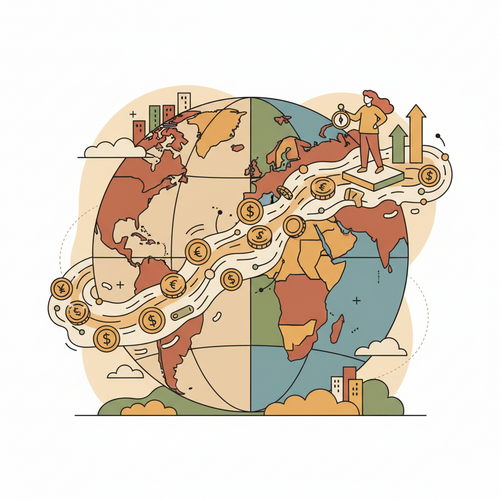 Flat design illustration depicting jurisdictional arbitrage and capital structuring for high-net-worth individuals, showing global movement of wealth.
