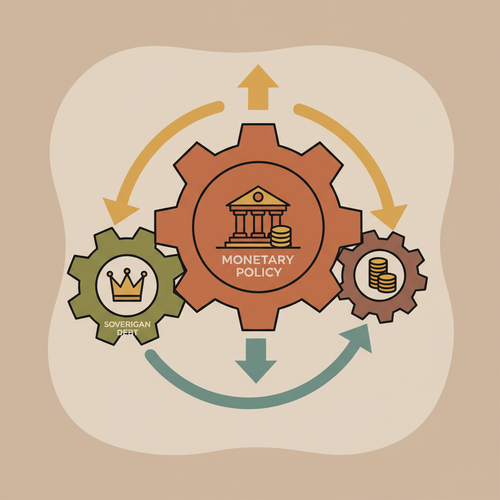 Flat design illustration of macroeconomic debt yield dynamics, showing interconnected gears for monetary policy and sovereign debt, with arrows indicating yield movements.