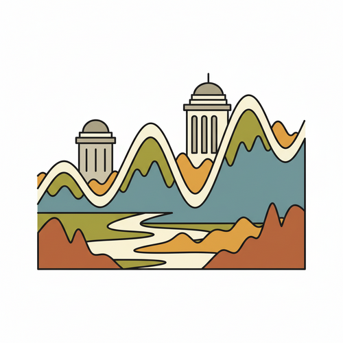 Flat design illustration of a dynamic yield curve set against a backdrop of central bank buildings, symbolizing macroeconomic yield curve dynamics and fluctuating monetary policies.