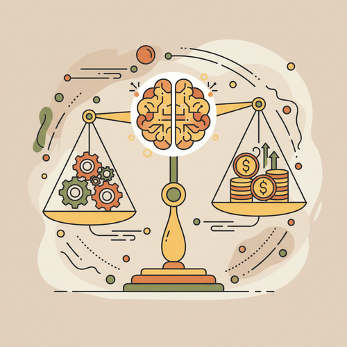 Digital brain icon balancing financial scales, illustrating algorithmic balance sheet rebalancing and microeconomic capital retention for optimal financial strategy.