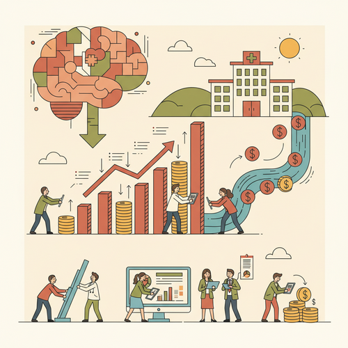 Flat design illustration of a corporate setting with data flowing, representing occupational longevity analytics impacting health risk premiums, with graphs and charts in the background.