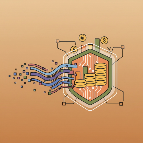 Flat design illustration depicting a digital shield protecting various financial assets, with data flows in the background, representing quantitative asset security frameworks in action.