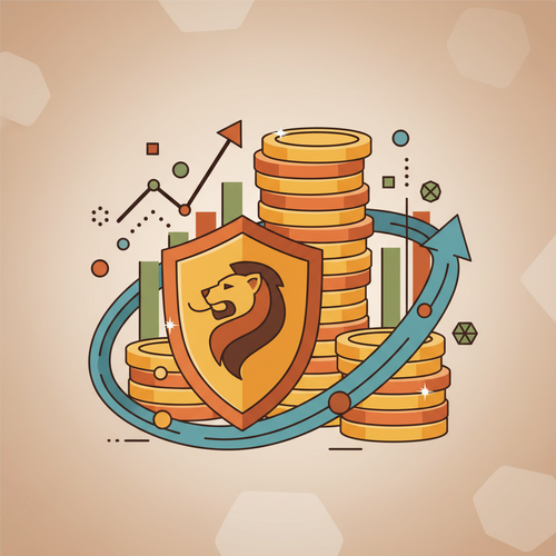 Flat design illustration of a shield protecting gold coins amidst data, symbolizing quantitative asset security and institutional capital defense against market risks.
