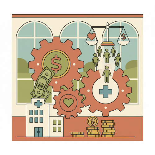 Flat design illustration of medical resource allocation, showing gears and money interacting with health symbols, set against a corporate background, symbolizing strategic financial planning for employee well-being.