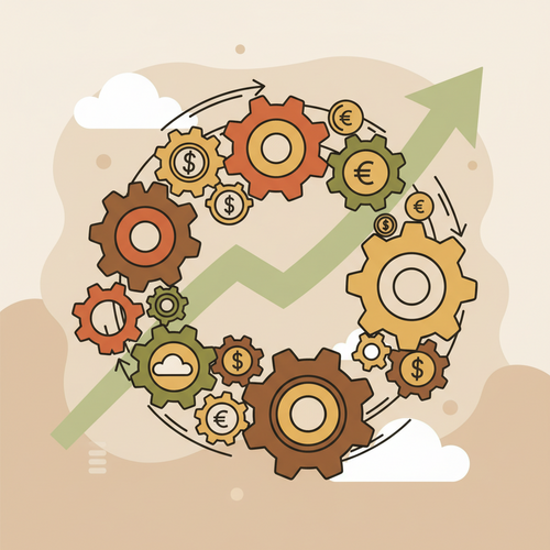 Illustration depicting strategic unsecured capital leveraging and premium interchange arbitrage through interconnected financial gears and data streams.